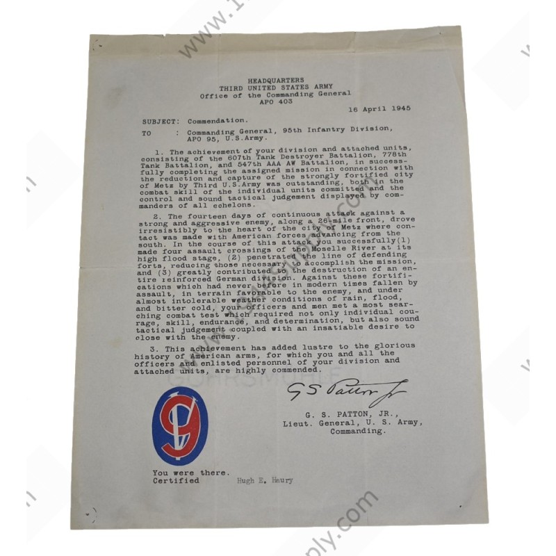 Commendation for the battle of Metz, 95th Division