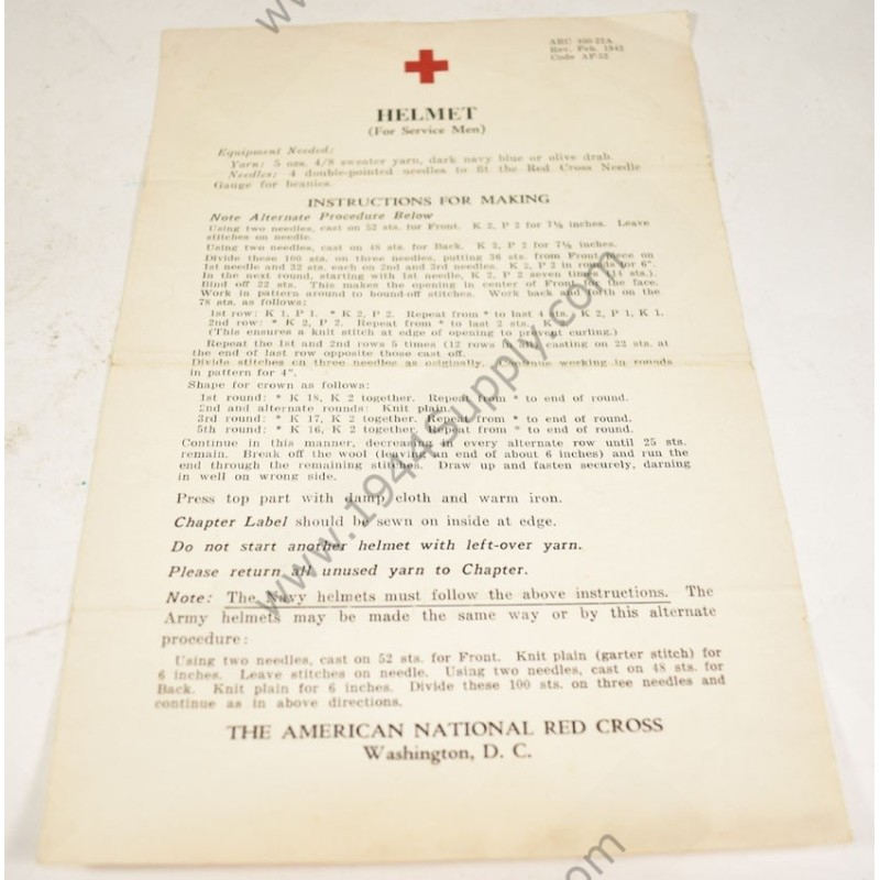 American Red Cross knitting instruction leaflet, Helmet  - 1